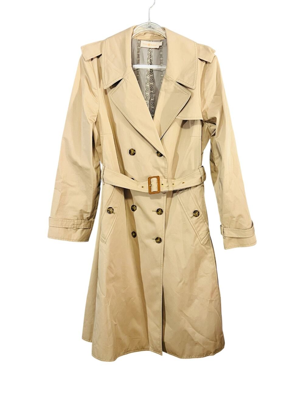 Tory Burch Classic Belted Double Breasted Trench Coat Khaki Cotton Size 14
